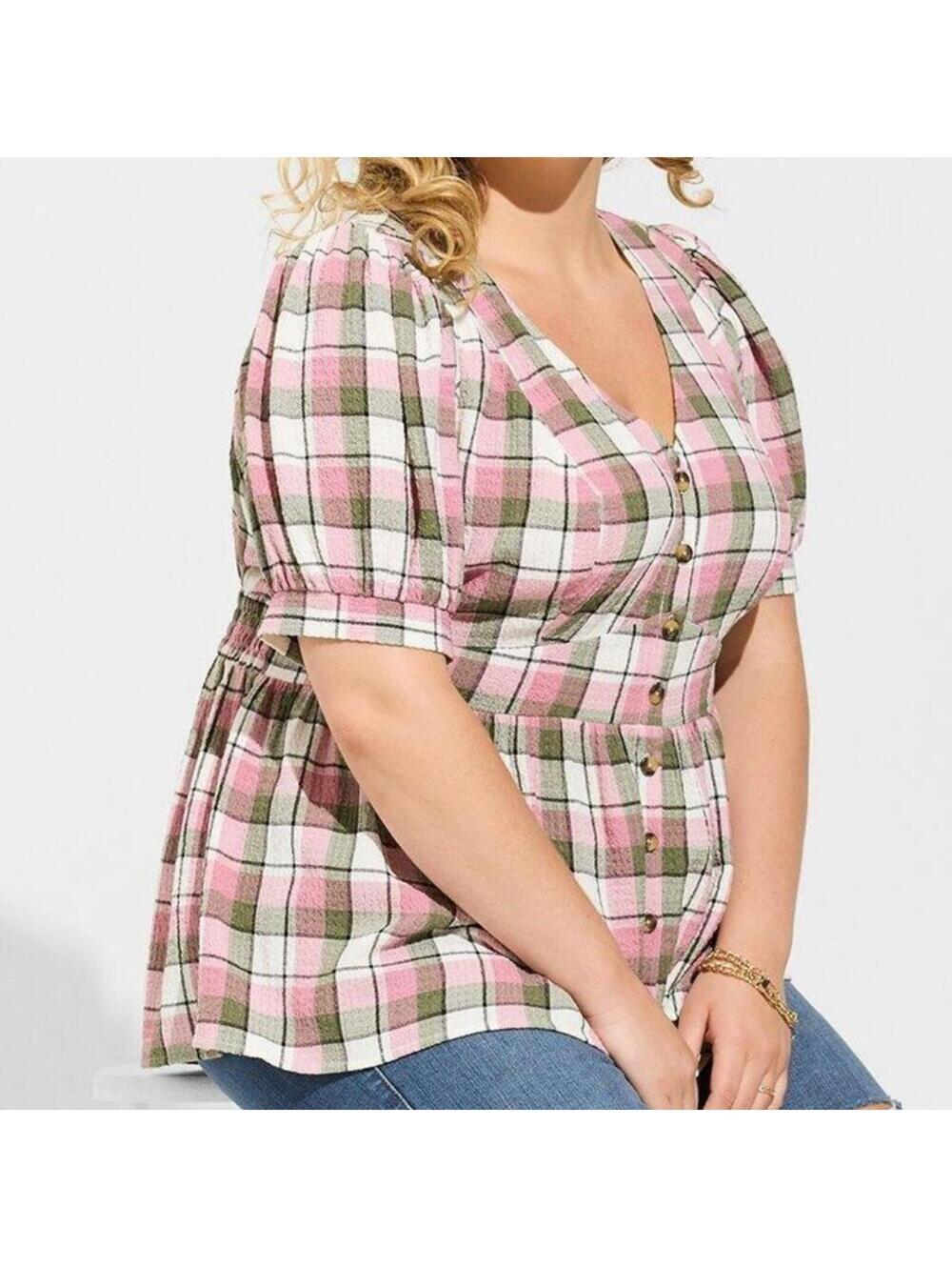 NWT Torrid Pink Green Plaid Babydoll V-Neck Top Size 00 Medium 10 Short Sleeves